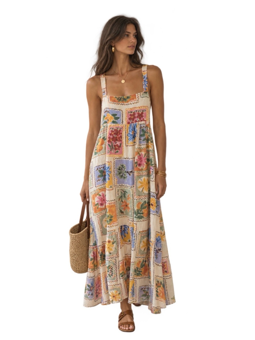 Anthropologie Paper Heart Floral Postage Stamp Linen Maxi Dress